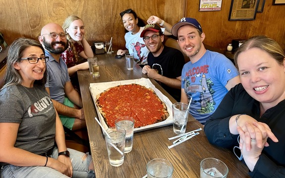 a group of pizza lovers at Sally's Apizza in New Haven, CT
